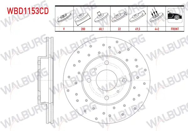 WALBURG WBD1153CD | Fren Diski Ön Havalı Kaplamalı Performans Delikli 4 Bjn 2 Adet