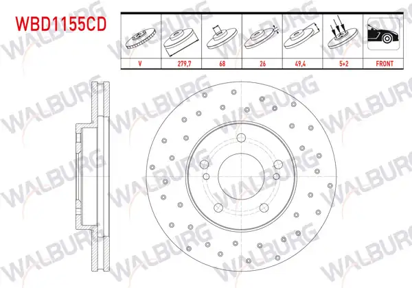 WALBURG WBD1155CD | Fren Diski Ön Havalı Kaplamalı Performans Delikli 5 Bjn | 2 Adet