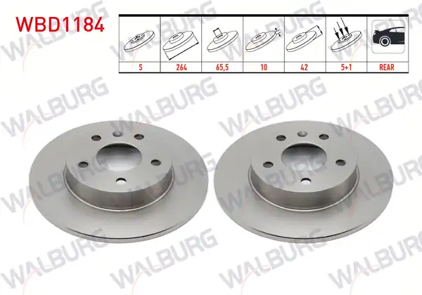 WALBURG WBD1184 | Fren Diski Arka Düz 5 Bjn 264x10x65 5x42 Opel Astra G 2 Adet