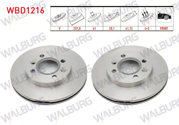 WALBURG WBD1216 | Fren Diski Ön Havalı 4 Bjn 237,8X20,1X61x41,15 Kangoo 1.5 DCI 1998-2008 / Clio II 1.2İ-1.4İ-1.6İ 1998-2005 / Symbol II 1.4-1.5 DCI 2008-2012 / Megane I 1.4 16V 1996-2003 / R 19 1.6 1998-2008 | 2 Adet