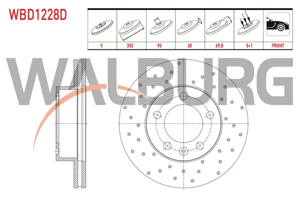 WALBURG WBD1228D | Fren Diski Ön Havalı Performans Delikli 5 Bjn 302x28x90x69 8 2 Adet