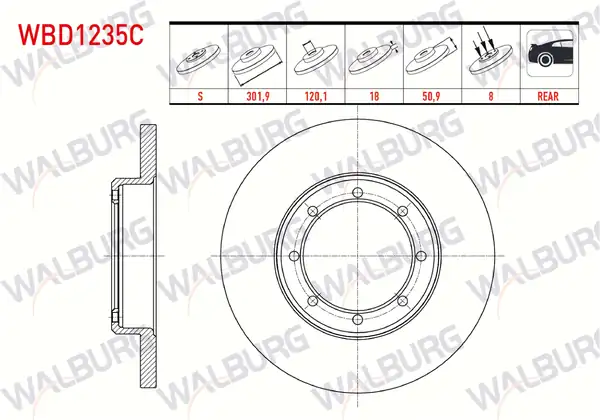 WALBURG WBD1235C | Fren Diski Arka Düz Kaplamalı 8 Bjn 302x18x120 1x50 9 Renault Master III Fv 2 3 dCi Çift Teker 2010 2 Adet