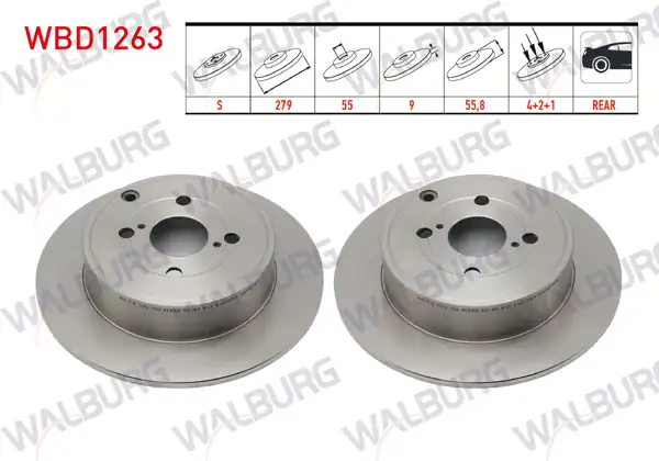 WALBURG WBD1263 | Fren Diski Arka Düz 4 Bjn 279X9x55x55,8 Toyota Corolla (_E12_) 1.4 D-4D 2002-2007 / Corolla 2.0 D 2002-2007 / Corolla 2.0 D-4D 2002-2007 | 2 Adet