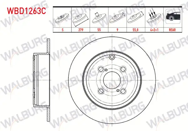 WALBURG WBD1263C | Fren Diski Arka Düz Kaplamalı 4 Bjn 279X9x55x55,8 Toyota Corolla (_E12_) 1.4 D-4D 2002-2007 / Corolla 2.0 D 2002-2007 / Corolla 2.0 D-4D 2002-2007 | 2 Adet