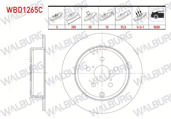 WALBURG WBD1265C | Fren Diski Arka Düz Kaplamalı 5 Bjn 280x10x55x55 8 Toyota 2 Adet