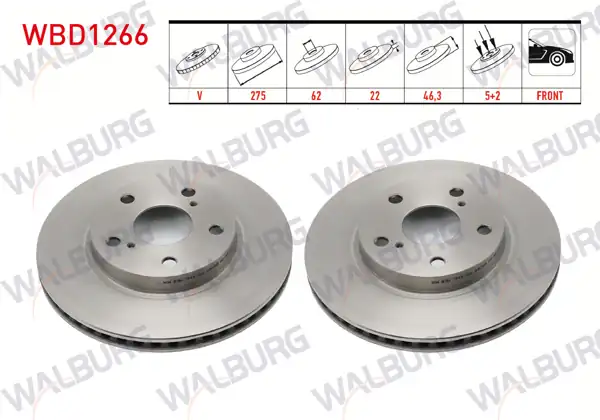 WALBURG WBD1266 | Fren Diski Ön Havalı 5 Bjn 275X22x62x46,3 Toyota Corolla 1.4 Vvt-I 2007-2012 / Corolla 1.6 Vvt-I 2007-2012 / Auris 1.4 D-4D 2007-2012 / Auris 1.6 Vvt-I 2007-2012 | 2 Adet