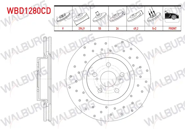 WALBURG WBD1280CD | Fren Diski Ön Havalı Kaplamalı Performans Delikli 5 Bjn 294,9X26x55x49,2 Toyota Avensis (T25) 2.0 D-4D 2003-2008 | 2 Adet
