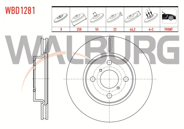 WALBURG WBD1281 | Fren Diski Ön Havalı 4 Bjn 258X22x55x46,2 Toyota Yaris | 2 Adet