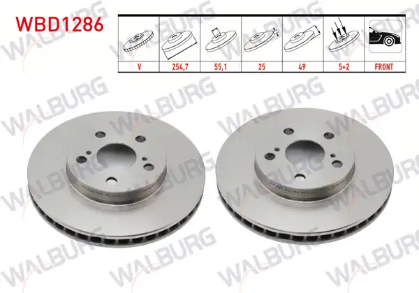 WALBURG WBD1286 | Fren Diski Ön Havalı 5 Bjn 254,7X25x55,1X49 Toyota | 2 Adet