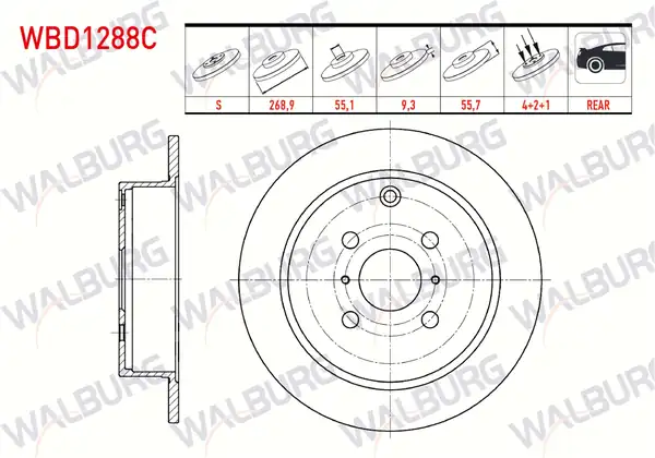 WALBURG WBD1288C | Fren Diski Arka Düz Kaplamalı 4 Bjn 268 9x9 3x55x57 Yaris 2 Adet