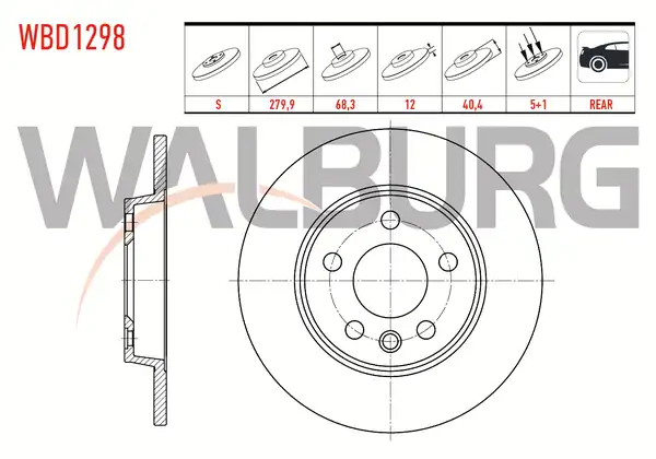 WALBURG WBD1298 | Fren Diski Arka Düz 5 Bjn 279 9x12x68 3x40 4 Volkswagen 2 Adet