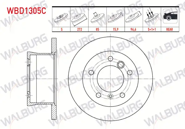 WALBURG WBD1305C | Fren Diski Arka Düz Kaplamalı 5 Bjn 271,2X15,9X85x96,6 Volkswagen Lt 28-35 II 2.5 TDI-2.8 TDI 1996-2006 / Mercedes Sprinter 2T 208D-210D-213Cdı 1995-2006 / Sprinter 3,5T 315-316 CDI 2006-2009 | 2 Adet