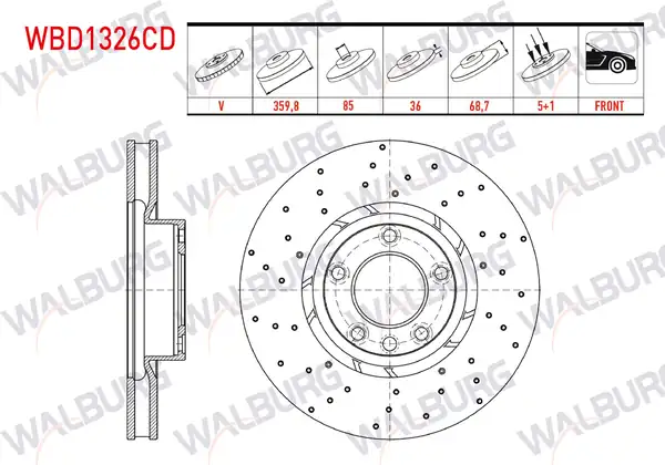 WALBURG WBD1326CD | Fren Diski Sağ Ön Havalı Kaplamalı Performans Delikli 5 Bjn