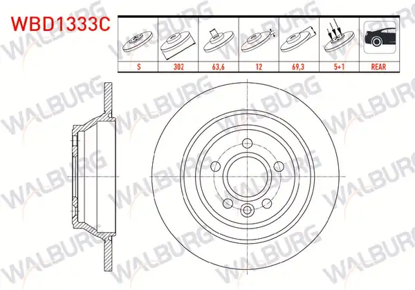 WALBURG WBD1333C | Fren Diski Arka Düz Kaplamalı 5 Bjn 302x12x63 6x69 3 Volvo 2 Adet