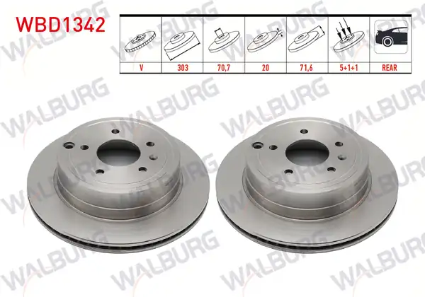 WALBURG WBD1342 | Fren Diski Arka Havalı 5 Bjn 303x20x70 7x71 6 Chevrolet Captiva 2 Adet