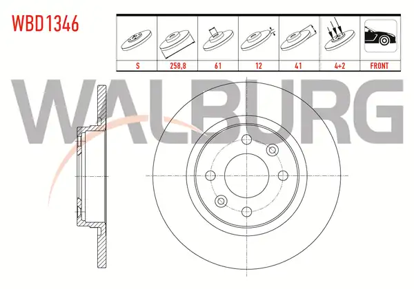 WALBURG WBD1346 | Fren Diski Ön Düz 4 Bjn 258 8x12x61x41 Dacia Logan 2 Adet