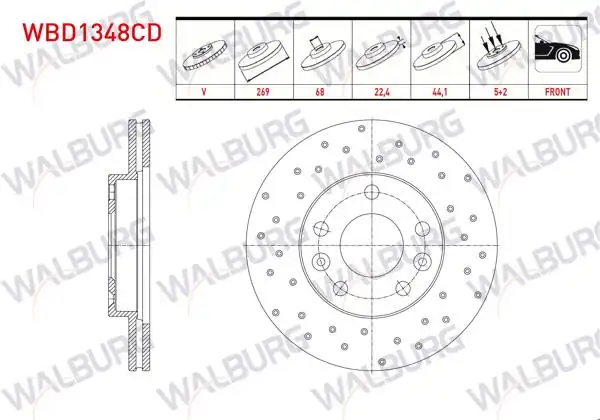 WALBURG WBD1348CD | Fren Diski Ön Havalı Kaplamalı Performans Delikli 5 Bjn 269X22.4X68x44,1 Renault Megane IV Sedan (Lv-) 1.5 DCI 2016-/ Duster 1.6 16V 105 Hp 09-12 / Megane IV Sedan (Lv-) 1.2 TCE / Duster 1.5 DCI 09-12 | 2 Adet