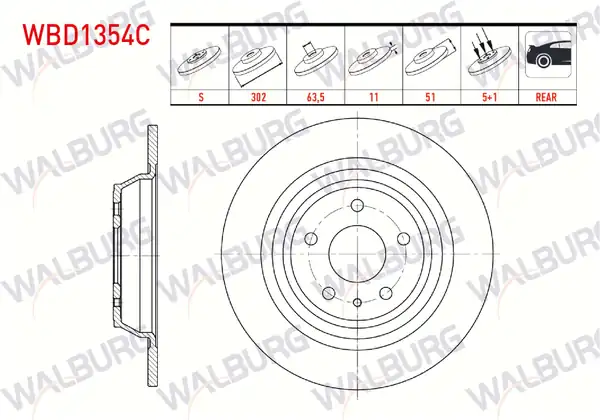WALBURG WBD1354C | Fren Diski Arka Düz Kaplamalı 5 Bjn 302x11x63 5x51 Ford 2 Adet