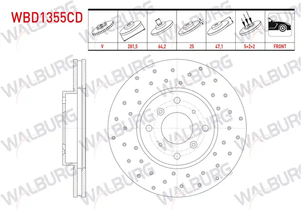 WALBURG WBD1355CD | Fren Diski Ön Havalı Kaplamalı Performans Delikli 4 Bjn 2 Adet