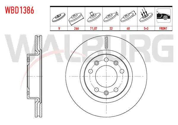 WALBURG WBD1386 | Fren Diski Ön Havalı 5 Bjn 266X22x71,07X48 Peugeot 308 II 1.6 HDI 2014 / 308 II 1.2 Thp 2014-/ 308 II 1.2 VTI 2014-/ 308 II 1.6 Thp 2014-| 2 Adet