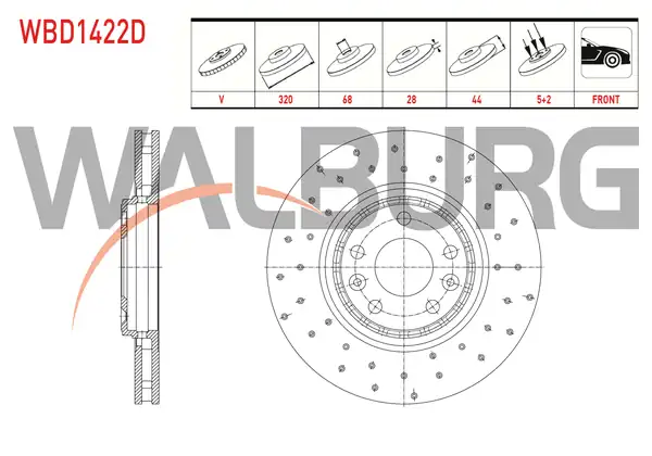 WALBURG WBD1422D | Fren Diski Ön Havalı Performans Delikli 5 Bjn 320x28x68x44 2 Adet