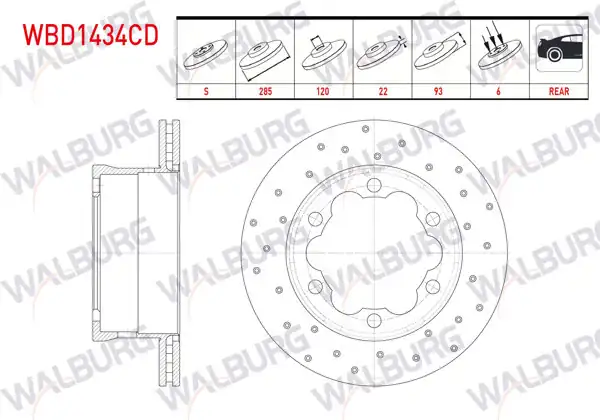 WALBURG WBD1434CD | Fren Diski Arka Havalı Kaplamalı Performans Delikli 6 Bjn 285X22x120x93 M.Benz Sprinter 208 CDI-211 CDI / 308 CDI-311 CDI / 411 CDI-413 CDI 1995-2006 / VW Lt 28-46 II 2.5 TDI-2.8 TDI 1996-2006 | 2 Adet