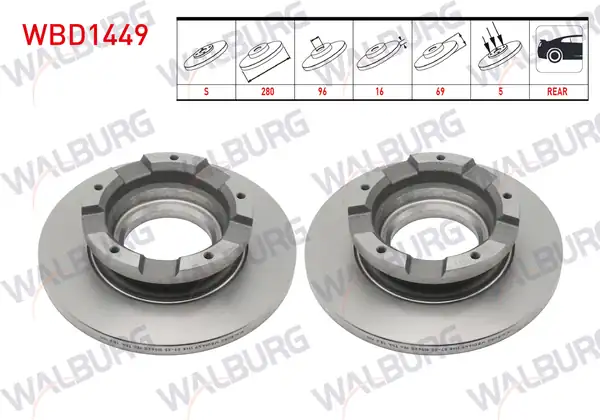 WALBURG WBD1449 | Fren Diski Arka Düz 5 Bjn ABS li 280X16x96x69 Ford Transit (V347)-(V348) 2.2 TDCI 2006-2004 | 2 Adet