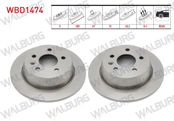 WALBURG WBD1474 | Fren Diski Arka Düz 5 Bjn 280x10x67x65 2 Mercedes Vito 638 108 CDI 110 CDI 112 CDI 1997 2003 2 Adet