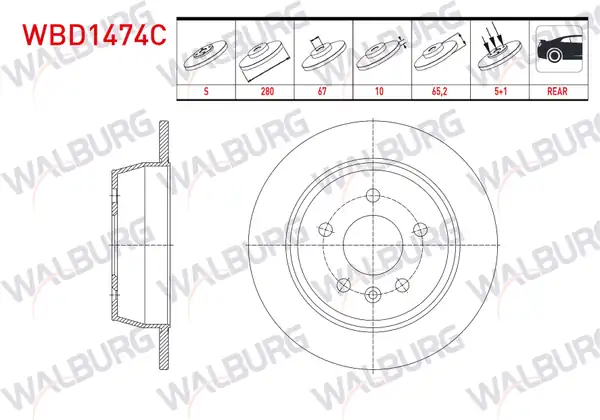 WALBURG WBD1474C | Fren Diski Arka Düz Kaplamalı 5 Bjn 280x10x67x65 2 Mercedes Vito 638 108 CDI 110 CDI 112 CDI 1997 2003 2 Adet