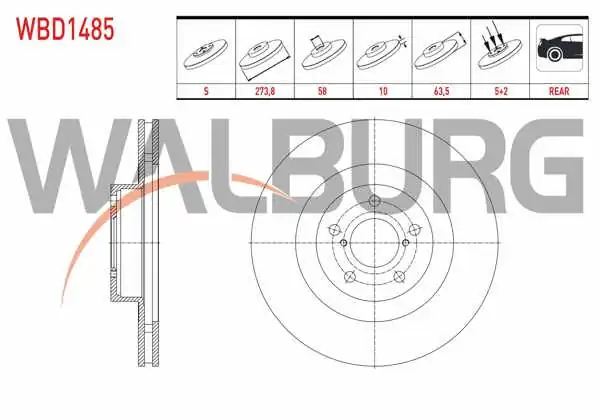 WALBURG WBD1485 | Fren Diski Arka Düz 5 Bjn 273,8X10x58x63,5 Subaru Xv 1.6İ 2012-/ Forester (Sj) 2.0 2013-| 2 Adet