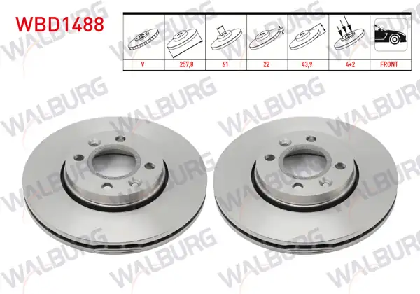 WALBURG WBD1488 | Fren Diski Ön Havalı 4 Bjn 257,8X22x61x43,9 Renault Clio IV | 2 Adet