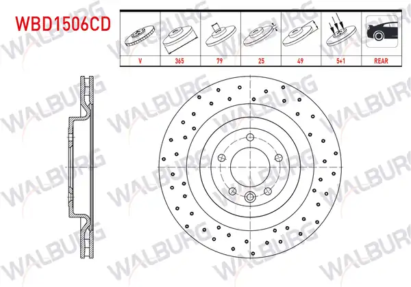 WALBURG WBD1507CD | Fren Diski Arka Havalı Kaplamalı Performans Delikli Land Rover Range Rover IV Lg 3 0 TD 5 Bjn 365x25x79x49 2012 2 Adet