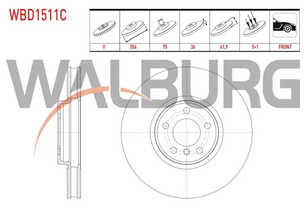 WALBURG WBD1511C | Fren Diski Ön Havalı Kaplamalı Bmw X5 E53 4 4i 5 Bjn 356x36x75x61 9 2000 2007 2 Adet