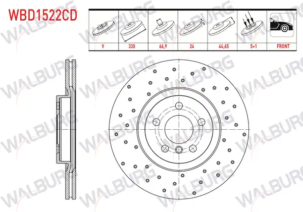 WALBURG WBD1522CD | Fren Diski Ön Havalı Kaplamalı Performans Delikli 5 Bjn 330X24x66,9X45,4 BMW X1 (F48) 2.0 D-2.0İ 2014-/ 2 Serisi (F45) 220 D 2014-| 2 Adet Takım