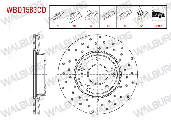 WALBURG WBD1583CD | Fren Diski Ön Havalı Kaplamalı Performans Delikli 5 Bjn 2 Adet