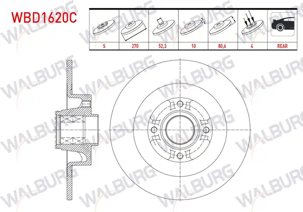WALBURG WBD1620C | Fren Diski Arka Düz Kaplamalı Rulmanlı Poryalı 4 Bjn Manyetik 2 Adet