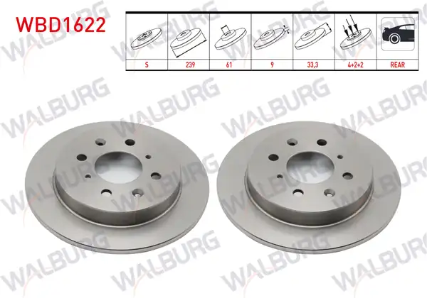 WALBURG WBD1622 | Fren Diski Arka Düz 4 Bjn 239x9x61x33 3 Honda Jazz III 2 Adet