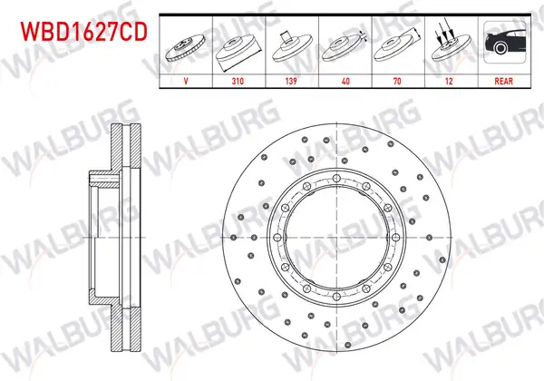 WALBURG WBD1627CD | Fren Diski Arka Havalı Kaplamalı Performans Delikli 12 Bjn 310x40x139x70 Euro 5 6 Mitsubishi Fuse Canter 2012 Prestige 2 Adet