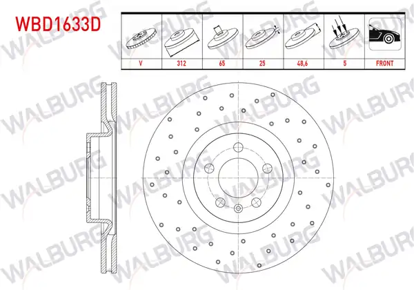 WALBURG WBD1633D | Fren Diski Ön Havalı Performans Delikli 5 Bjn 312x25x65x48 6 Volkswagen Polo VI 2017 2 Adet