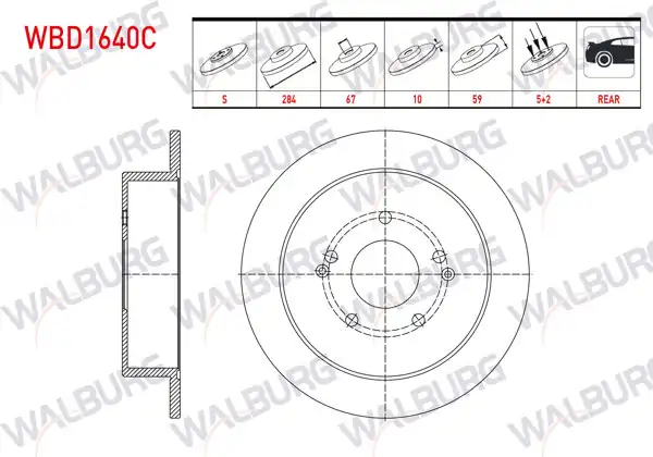 WALBURG WBD1640C | Fren Diski Arka Düz Kaplamalı 5 Bjn 284X10x67x59 Ssangyong Korando 2.0 4Wd 2010-/ Tıvolı 1.6 Xdı 4Wd 2015-| 2 Adet