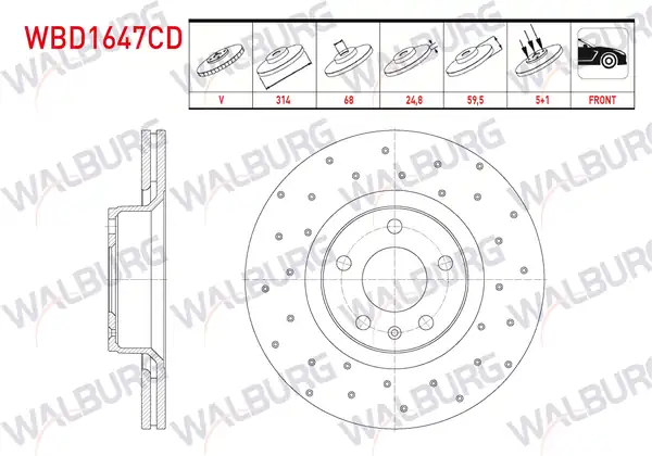 WALBURG WBD1647CD | Fren Diski Ön Havalı Kaplamalı Performans Delikli 5 Bjn 314x24 8x68x59 5 Audi A6 2004 2011 2 Adet