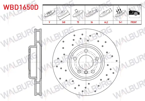 WALBURG WBD1650D | Fren Diski Ön Sağ Havalı Performans Delikli 5 Bjn 348X36x75x66,2 BMW 5 Serisi (F10) 2010-2016 / 7 Serisi (F01) 2009-2015