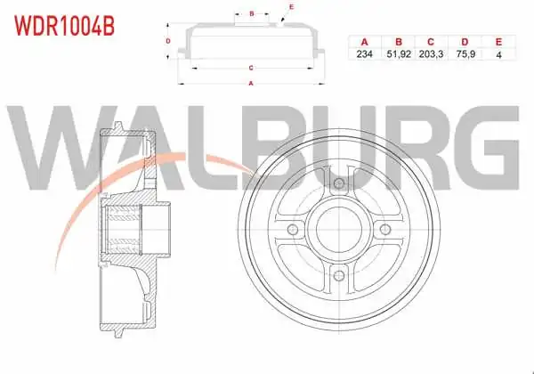 WALBURG WDR1004B | Fren Kampanası Arka Rulmanlı 4 Delik 234X51,92X203,3X75,9 Renault Clio II 1998-2005 / Megane II 2002-2008 / Symbol II 2008-2012 / Dacia Logan 2004-2012 / R19