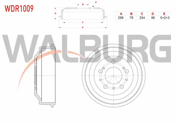 WALBURG WDR1009 | Fren Kampanası Arka 5 Delik 298x79x254x98 18q Fiat Ducato