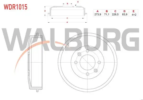 WALBURG WDR1015 | Fren Kampanası Arka 4 Delik 273,9X71,1X228,5X65,9 Citroen Berlingo