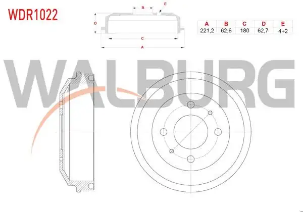 WALBURG WDR1022 | Fren Kampanası Arka 4 Delik 221,2X62,6X180x62,7 Hyundai Accent Mılenıum 1.5 CRDI-1.6 2000-2002