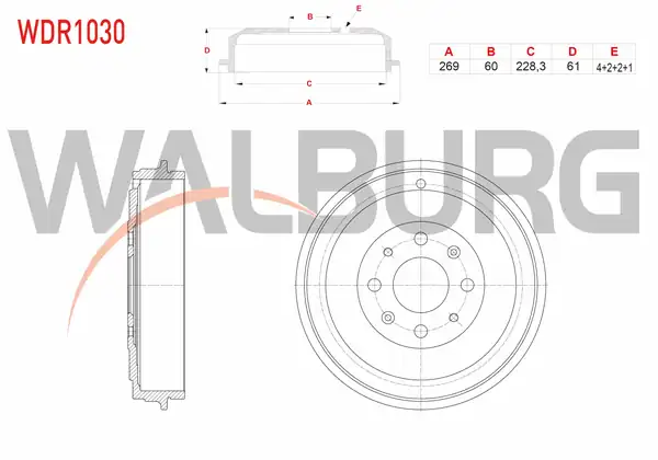 WALBURG WDR1030 | Fren Kampanası Arka 4 Delik 269x60x228 3x61 Fiat G Punto