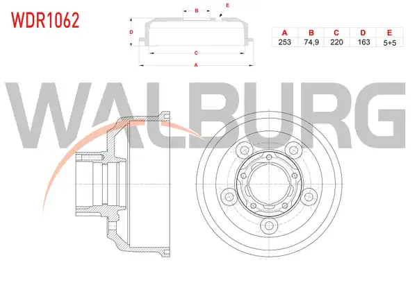WALBURG WDR1062 | Fren Kampanası Arka 5 Delik 253x74 9x220x163 Kia Bongo 2 5 CRDI 2012 2016 K2500 2 5 CRDI 2009
