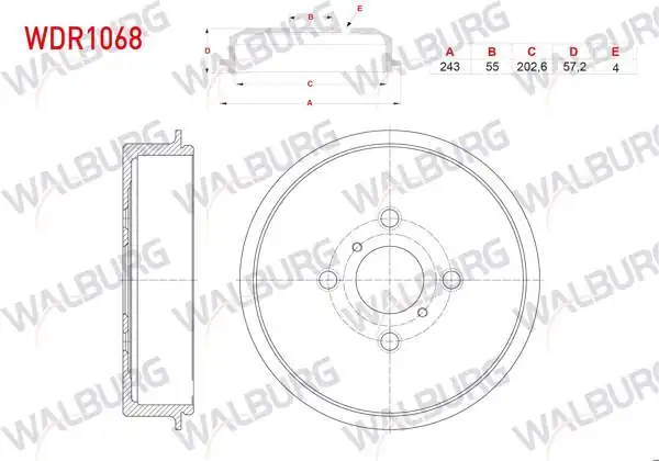 WALBURG WDR1068 | Fren Kampanası Arka 4 Delik 243X57,2X202,6X57,2 Toyota Yaris