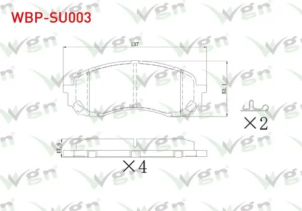 WGN WBP-SU003 | Fren Balata Ön Ikazlı Subaru Impreza 1.5-1.6İ 2000-2012 / Forester 2.0 2008-/ Outback 2.0 D 2009-/ Legacy V 2.0İ 2009-2014